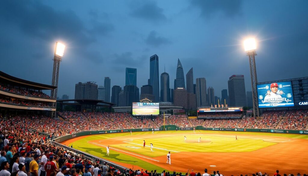 A bustling international baseball stadium, illuminated by the warm glow of floodlights. In the foreground, players from diverse nationalities compete on the field, their uniforms representing the global reach of the sport. The middle ground showcases the cheering crowd, a mosaic of fans waving flags and banners from around the world. In the background, a towering skyline of modern skyscrapers and structures, symbolizing the technological and economic advancements that have propelled baseball's global expansion. The scene exudes a sense of energy, unity, and the unstoppable march of the game's universal appeal.