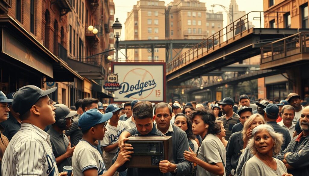 A bustling street scene in 1940s Brooklyn, New York. In the foreground, a group of diverse baseball fans, young and old, gathered around a radio, eagerly listening to the game. In the middle ground, a storefront displays a "Dodgers" logo, signaling the team's historical significance. The background is filled with brownstone buildings, streetlamps, and the iconic elevated train tracks, creating a sense of urban energy and economic activity. The lighting is warm and golden, evoking the nostalgic atmosphere of a bygone era. The overall composition captures the social and economic impact of the Dodgers' integration, as the community comes together to support their team and celebrate the breaking of racial barriers. A bustling street scene in 1940s Brooklyn, New York. In the foreground, a group of diverse baseball fans, young and old, gathered around a radio, eagerly listening to the game. In the middle ground, a storefront displays a "Dodgers" logo, signaling the team's historical significance. The background is filled with brownstone buildings, streetlamps, and the iconic elevated train tracks, creating a sense of urban energy and economic activity. The lighting is warm and golden, evoking the nostalgic atmosphere of a bygone era. The overall composition captures the social and economic impact of the Dodgers' integration, as the community comes together to support their team and celebrate the breaking of racial barriers.