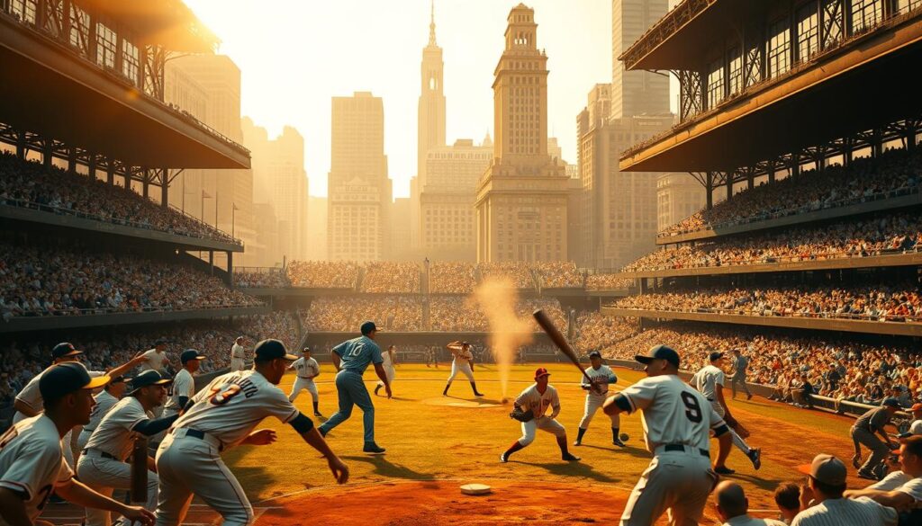 A captivating scene of the 1908 National League pennant race between the Chicago Cubs and New York Giants. In the foreground, players from both teams engage in a heated battle on the baseball diamond, their uniforms and expressions conveying the intensity of the moment. The middle ground is filled with a packed stadium, the crowd's excitement palpable as they cheer on their beloved teams. In the background, the iconic architecture of early 20th century Chicago rises, creating a nostalgic and historic atmosphere. Warm, golden sunlight filters through the scene, adding a sense of drama and timelessness. The overall composition evokes the high stakes and passion of this legendary chapter in baseball history. A captivating scene of the 1908 National League pennant race between the Chicago Cubs and New York Giants. In the foreground, players from both teams engage in a heated battle on the baseball diamond, their uniforms and expressions conveying the intensity of the moment. The middle ground is filled with a packed stadium, the crowd's excitement palpable as they cheer on their beloved teams. In the background, the iconic architecture of early 20th century Chicago rises, creating a nostalgic and historic atmosphere. Warm, golden sunlight filters through the scene, adding a sense of drama and timelessness. The overall composition evokes the high stakes and passion of this legendary chapter in baseball history.