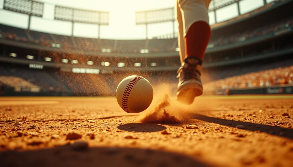 A close-up shot of a baseball rolling through Bill Buckner's legs, frozen in time against a backdrop of Shea Stadium's infield. The scene is bathed in a warm, golden glow, capturing the dramatic tension of the 1986 World Series Game 6 error. Swirling dust motes dance in the air, amplifying the sense of a pivotal moment suspended in history. The infield dirt is meticulously detailed, each pebble and divot hinting at the game's intensity. Subtle shadows cast by the players and stadium features create depth and dimension, while a shallow depth of field draws the viewer's eye directly to the fateful ball. An air of melancholy and disbelief permeates the frame, a testament to the enduring legacy of that unforgettable play.