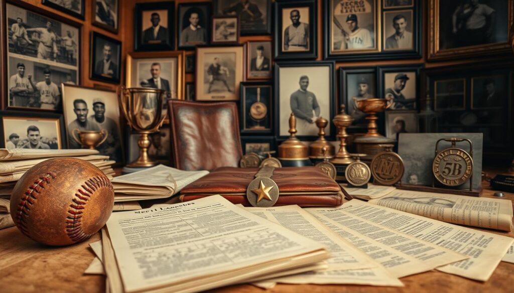 A collection of vintage negro leagues baseball memorabilia and historical documents, meticulously arranged against a warm, sepia-toned backdrop. In the foreground, a weathered leather baseball and a stack of antique newspapers and scorecards, their pages yellowed with age. In the middle ground, a worn leather-bound book and a collection of tarnished metal trophies and medals, each bearing the insignia of legendary negro leagues teams. The background is filled with an array of framed photographs, capturing the grit and determination of the players who forged their legacy on the field. Soft, directional lighting casts a nostalgic glow, evoking a sense of reverence and historical significance.
