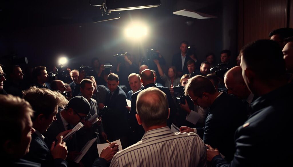 A crowded press conference in a dimly lit room, the air thick with the scent of newsprint and the hum of camera shutters. Journalists lean forward, their faces illuminated by the soft glow of flashbulbs, eagerly scribbling notes as a central figure stands at a podium, their features obscured in shadow. The background is a blur of activity, with cameramen and photographers jostling for the best angle, creating a sense of intensity and urgency. The lighting is dramatic, casting deep shadows and highlighting the tension in the room, as the media coverage of a pivotal moment in baseball history unfolds. A crowded press conference in a dimly lit room, the air thick with the scent of newsprint and the hum of camera shutters. Journalists lean forward, their faces illuminated by the soft glow of flashbulbs, eagerly scribbling notes as a central figure stands at a podium, their features obscured in shadow. The background is a blur of activity, with cameramen and photographers jostling for the best angle, creating a sense of intensity and urgency. The lighting is dramatic, casting deep shadows and highlighting the tension in the room, as the media coverage of a pivotal moment in baseball history unfolds.