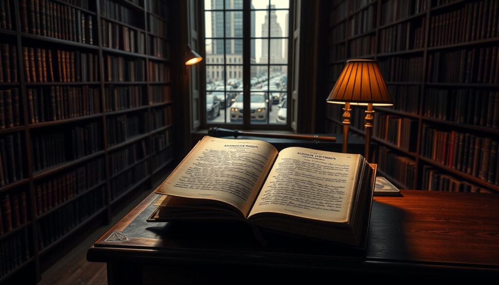 A dimly lit library interior, with rows of old books lining the shelves. On a wooden desk sits an open journal, its pages filled with handwritten notes and diagrams. The journal's cover bears the title "Alexander Cartwright's Baseball Rules". A single lamp casts a warm glow, illuminating the journal and casting long shadows across the room. In the background, a tall window offers a glimpse of a bustling city street, hinting at the historical significance of the document. The overall atmosphere is one of contemplation and reverence, inviting the viewer to delve into the origins of America's beloved pastime.