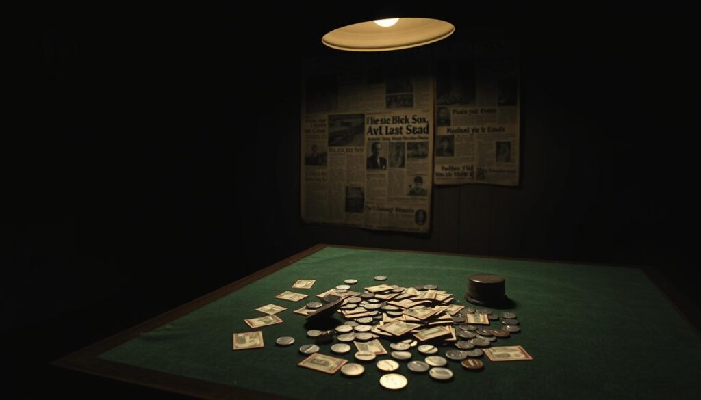 A dimly lit room, the shadows cast by a single lamp creating an ominous atmosphere. On a worn, green felt table, a pile of baseball cards and coins lay scattered, remnants of a high-stakes game now long over. The air is thick with the weight of history, a palpable sense of the consequences that loom, as if the very walls of this space have witnessed the fallout of the Black Sox Scandal. In the background, a newspaper headline from the era hangs on the wall, a haunting reminder of the lasting stigma that would come to define this chapter in baseball's past.