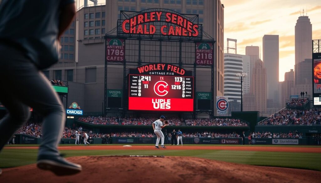 A dramatic scene of the 2016 World Series Game 6 between the Chicago Cubs and Cleveland Indians at Wrigley Field. In the foreground, a tense, hard-fought moment on the pitcher's mound, with the game's legacy hanging in the balance. In the middle ground, the historic stadium's ivy-covered walls and iconic scoreboard, casting a warm glow under a golden-hour sky. In the background, the Chicago skyline and a hazy, celebratory atmosphere, as the city holds its breath for a historic outcome. Cinematic lighting and shallow depth of field emphasize the gravity of the moment, capturing the lasting impact this game will have on both franchises' legacies. A dramatic scene of the 2016 World Series Game 6 between the Chicago Cubs and Cleveland Indians at Wrigley Field. In the foreground, a tense, hard-fought moment on the pitcher's mound, with the game's legacy hanging in the balance. In the middle ground, the historic stadium's ivy-covered walls and iconic scoreboard, casting a warm glow under a golden-hour sky. In the background, the Chicago skyline and a hazy, celebratory atmosphere, as the city holds its breath for a historic outcome. Cinematic lighting and shallow depth of field emphasize the gravity of the moment, capturing the lasting impact this game will have on both franchises' legacies.