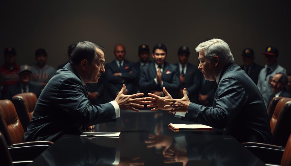A dramatic scene of the high-stakes negotiations between MLB team owners and players' union representatives, captured in a moody, cinematic style. In the foreground, two figures locked in tense debate, gesticulating forcefully across a large conference table, the dim lighting casting dramatic shadows on their faces. In the middle ground, a group of suited executives and players observe the heated exchange, their expressions a mix of concern and anticipation. The background is blurred, suggesting the weight of the broader industry and public pressure bearing down on this pivotal moment. The overall atmosphere conveys the high-stakes, high-tension nature of the free agency battles that have transformed the business of America's pastime.