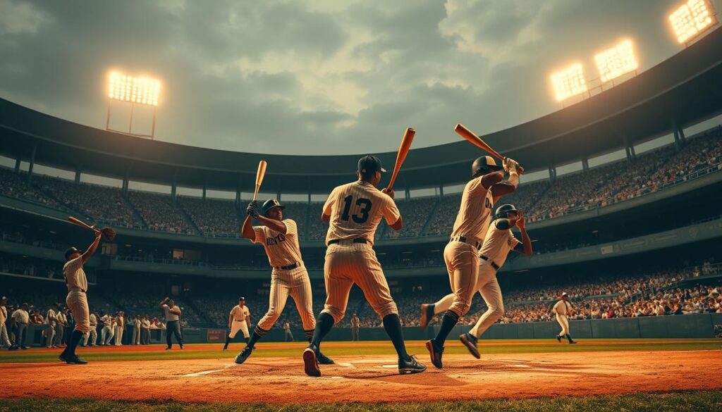 A dynamic action scene featuring the greatest stars of the Negro Leagues, illuminated by warm stadium lighting. In the foreground, legendary batters in classic uniforms stand poised, bats raised, eyes intently focused. In the middle ground, fielders move with agile grace, bodies coiled for the next play. The background reveals the sweep of the diamond, grandstands filled with cheering fans, the grand architecture of the ballpark reaching skyward. An atmosphere of fierce competition, unbridled talent, and the triumph of the human spirit permeates the scene.
