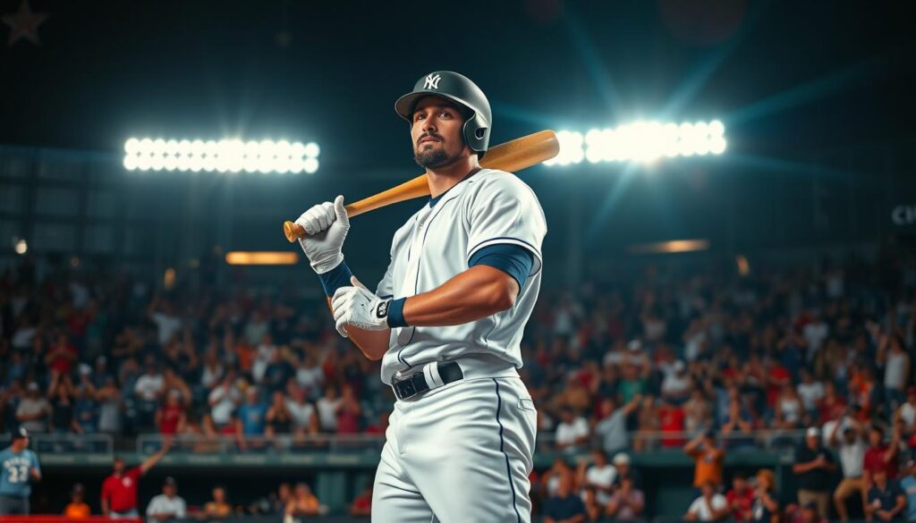 A dynamic baseball player stands tall, bat gripped firmly, exuding confidence and determination. Vibrant stadium lights cast dramatic shadows, accentuating the player's powerful pose. In the background, a crowd of fans cheers passionately, their energy and excitement palpable. The scene conveys a sense of empowerment, as the player's stance and the crowd's enthusiasm suggest a newfound balance of power between athletes and teams. Crisp, cinematic framing and a shallow depth of field draw the viewer's eye to the central figure, highlighting the player's agency and control over the game.