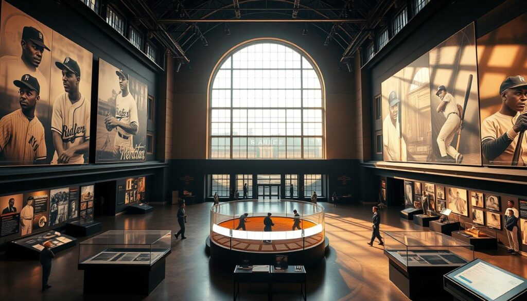 A grand museum hall with warm, natural lighting shining through its expansive windows. The center stage showcases artifacts and memorabilia from the storied Negro Leagues, meticulously curated to honor the remarkable achievements and legacies of Black baseball pioneers. Towering displays depict iconic players, their faces etched with determination, as they stride towards home plate or hurl blazing pitches. The walls are adorned with sepia-toned photographs, capturing the spirit and triumphs of these unsung heroes, while interactive exhibits invite visitors to immerse themselves in the rich history of this pivotal era in American sports. The atmosphere exudes a sense of reverence and pride, celebrating the indomitable spirit and lasting impact of the Negro Leagues.