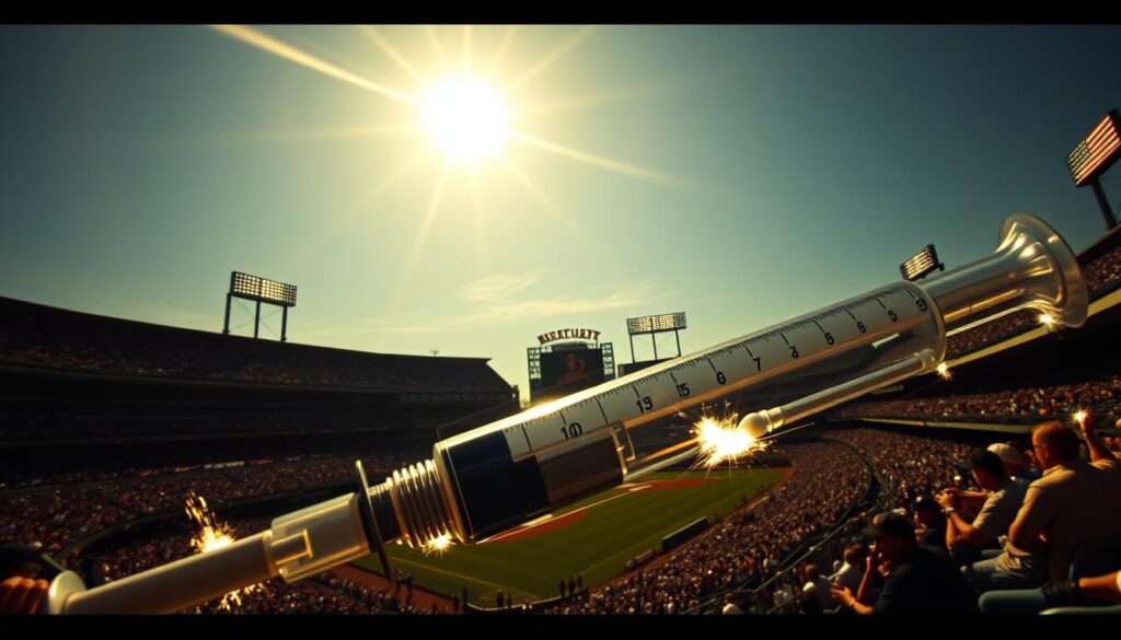 A grand stadium under a brilliant sun, the outfield fence looming large as muscular sluggers step up to the plate. In the foreground, a thick syringe glints ominously, a symbol of the Steroid Era's dark shadow cast over baseball's record books. The stands are abuzz with excitement, flashbulbs popping as towering home runs sail into the bleachers, their trajectories captured in dynamic motion blur. Atmospheric lighting heightens the drama, creating a cinematic, noir-esque ambiance that mirrors the complexities and controversies of this pivotal chapter in the sport's history. A grand stadium under a brilliant sun, the outfield fence looming large as muscular sluggers step up to the plate. In the foreground, a thick syringe glints ominously, a symbol of the Steroid Era's dark shadow cast over baseball's record books. The stands are abuzz with excitement, flashbulbs popping as towering home runs sail into the bleachers, their trajectories captured in dynamic motion blur. Atmospheric lighting heightens the drama, creating a cinematic, noir-esque ambiance that mirrors the complexities and controversies of this pivotal chapter in the sport's history.