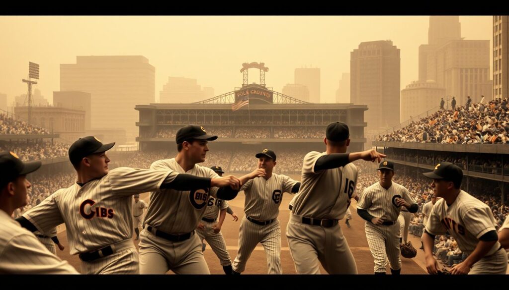A heated 1908 baseball pennant race between the Chicago Cubs and New York Giants, captured in a cinematic, high-contrast photograph. In the dramatic foreground, players in classic uniforms engage in a heated, mid-game confrontation, their expressions intense and bodies in motion. The muted, sepia-toned middle ground showcases the historic Polo Grounds stadium, its grand architecture and packed grandstands. In the hazy background, the bustling streets of early 20th century New York City provide a vivid urban setting, conveying the high-stakes, high-drama atmosphere of this legendary sporting event.