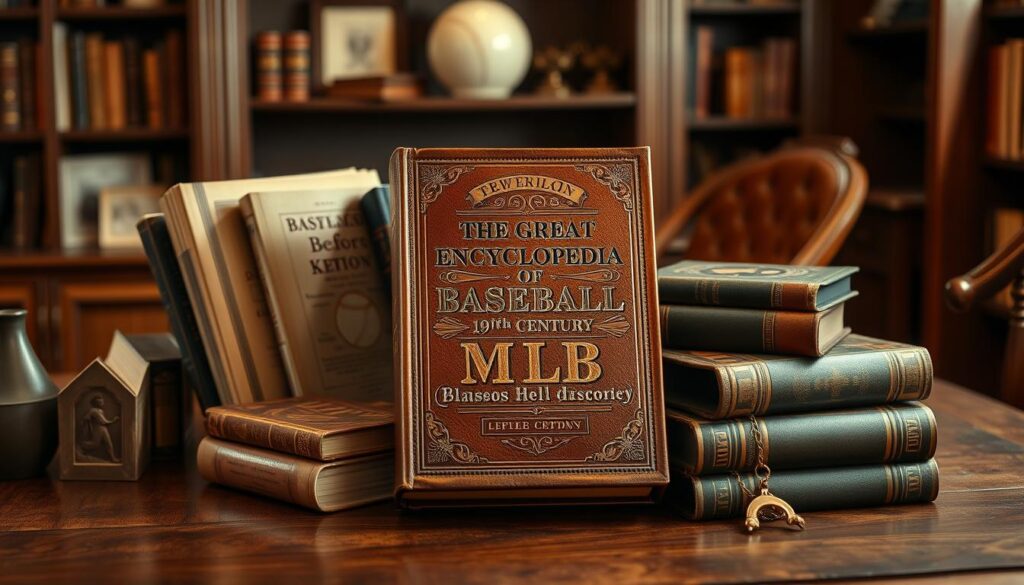 A high-quality hardcover book collection on a wooden table, with a vintage leather-bound volume titled "The Great Encyclopedia of 19th Century MLB" as the centerpiece. Surrounding it are other historical baseball books, including "Baseball Before We Knew It," against a backdrop of warm, soft lighting and subtle sepia tones, evoking the timeless essence of the 19th century game. The table is positioned in a cozy study or library setting, with hints of antique furniture and shelves in the periphery, creating a scholarly and authoritative atmosphere befitting the subject matter.