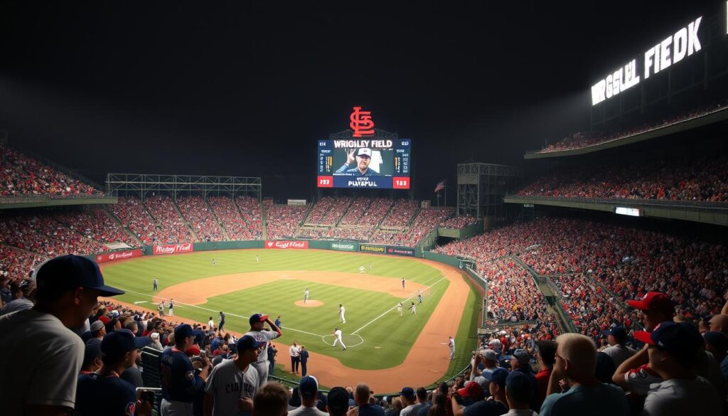A packed Wrigley Field on a crisp October night, the iconic ivy-covered walls casting long shadows across the field. In the foreground, players from the Cubs and Cardinals engage in a tense playoff showdown, their expressions a mix of determination and anxious anticipation. The middle ground captures the surge of the crowd, their faces a kaleidoscope of emotions - jubilation, nail-biting nervousness, and the electric thrill of high-stakes baseball. In the background, the historic scoreboard and grandstands loom, lending an air of timeless drama to the scene. Dramatic lighting casts dramatic shadows, emphasizing the gravity of the moment as the two teams battle it out under the bright lights.