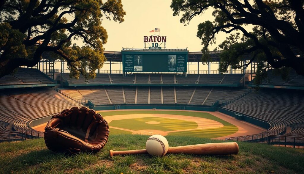 A panoramic view of a 19th century baseball stadium, its grand wooden grandstands and scoreboard casting long shadows across a well-manicured diamond. In the foreground, a display of vintage baseball equipment - a leather-bound catcher's mitt, a solid wooden bat, and a leather-paneled ball - resting on a grassy knoll. Warm, amber lighting bathes the scene, evoking the nostalgic atmosphere of America's burgeoning national pastime. Towering oak trees frame the stadium, their branches swaying gently in a soft breeze. The overall composition captures the timeless evolution of baseball, from its humble origins to the rise of its iconic stadiums and equipment.