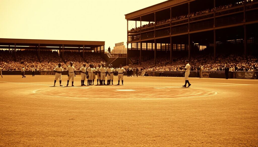 A sepia-toned image of a historic baseball diamond, the infield neatly groomed, with a group of legendary Negro Leagues players gathered in the foreground. In the middle ground, players are engaged in an intense game, their uniforms crisp and authentic. The background features a bustling crowd, their faces filled with the electric energy of the sport. The lighting is warm and nostalgic, casting a soft glow over the scene, capturing the timeless spirit of this important era in baseball history. A sepia-toned image of a historic baseball diamond, the infield neatly groomed, with a group of legendary Negro Leagues players gathered in the foreground. In the middle ground, players are engaged in an intense game, their uniforms crisp and authentic. The background features a bustling crowd, their faces filled with the electric energy of the sport. The lighting is warm and nostalgic, casting a soft glow over the scene, capturing the timeless spirit of this important era in baseball history.