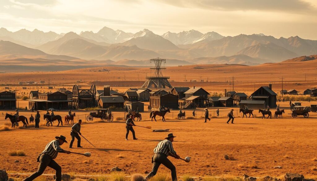 Expansive landscape of the American West, dotted with pioneers, settlers, and a lone baseball game. In the foreground, a rugged group of men in period clothing compete on a makeshift diamond, their faces etched with determination. The middle ground depicts a bustling frontier town, wooden buildings and horse-drawn carriages suggesting a time of rapid change. In the distance, the majestic Rocky Mountains rise, their snow-capped peaks silhouetted against a warm, golden sky. Soft, natural lighting bathes the scene, evoking a sense of nostalgia and the pioneering spirit that shaped the nation. The image captures the essence of baseball's role in the social fabric of a rapidly evolving America.