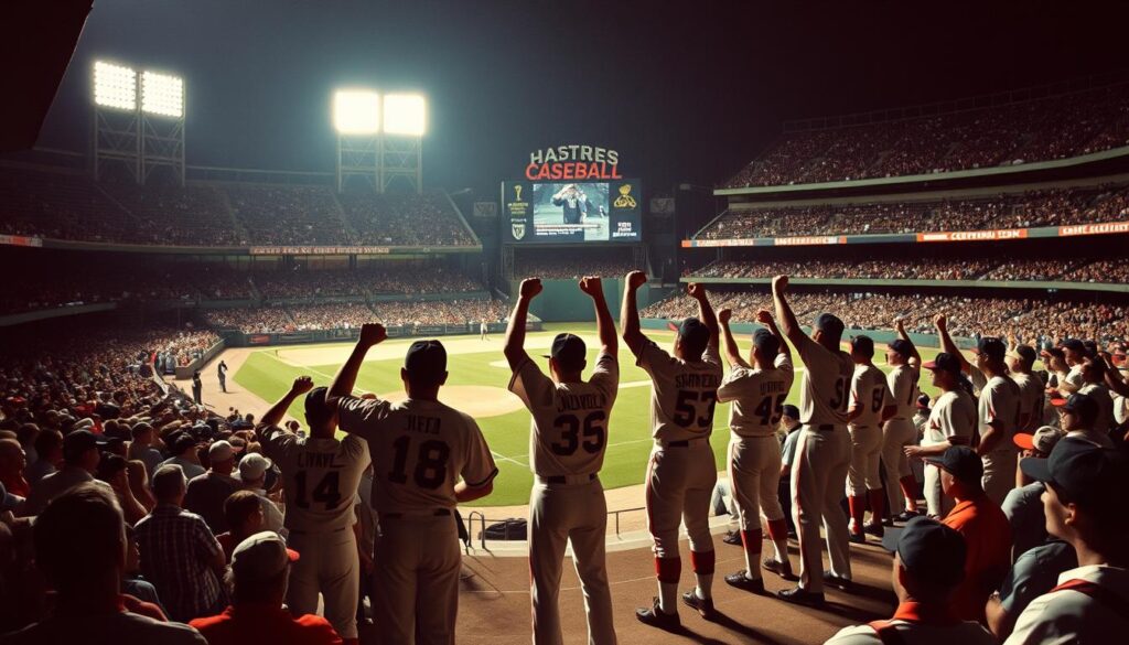 A bustling scene of a 1970s baseball stadium, the field empty as players stand in solidarity, raising fists in a defiant labor strike. The crowd in the stands, a mix of faces expressing frustration and uncertainty, reflects the high stakes of the dispute. Harsh stadium lighting casts long shadows, creating a dramatic, chiaroscuro effect. In the background, the iconic scoreboard and concession stands stand silent, a reminder of the game's suspension. The air is thick with tension, captured in the taut postures and resolute expressions of the players. This image conveys the pivotal moments when baseball's labor history was forged in the crucible of collective action.