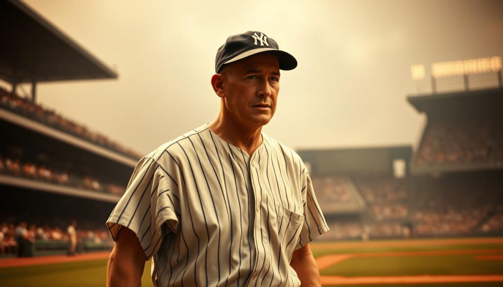 A close-up portrait of Lou Gehrig, the legendary "Iron Horse" of the New York Yankees, striding confidently across the baseball diamond. Dramatic backlighting illuminates his determined expression as he focuses intently on the game, his uniform crisp and unblemished, conveying his unparalleled endurance and commitment. The stadium's grandstands loom in the hazy background, suggesting the roar of the crowd and the weight of his unbreakable record of consecutive games played. The scene exudes a sense of awe and reverence, capturing the indomitable spirit of this baseball icon during the height of his remarkable streak.