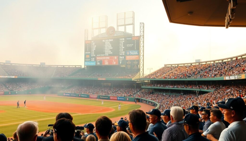 A crowded baseball stadium during the steroid era, with the players on the field surrounded by a hazy, tension-filled atmosphere. In the foreground, a group of reporters and fans engage in a heated debate, their expressions reflecting the controversy and uncertainty of the time. The middle ground features a towering scoreboard, its LED panels flickering with statistics and scores, hinting at the underlying issues of performance-enhancing drugs and their impact on the game. In the background, the stadium's grandstands are filled with a mix of enthusiastic supporters and concerned onlookers, their faces cast in a warm, golden light that belies the shadows of doubt and scandal looming over the scene.