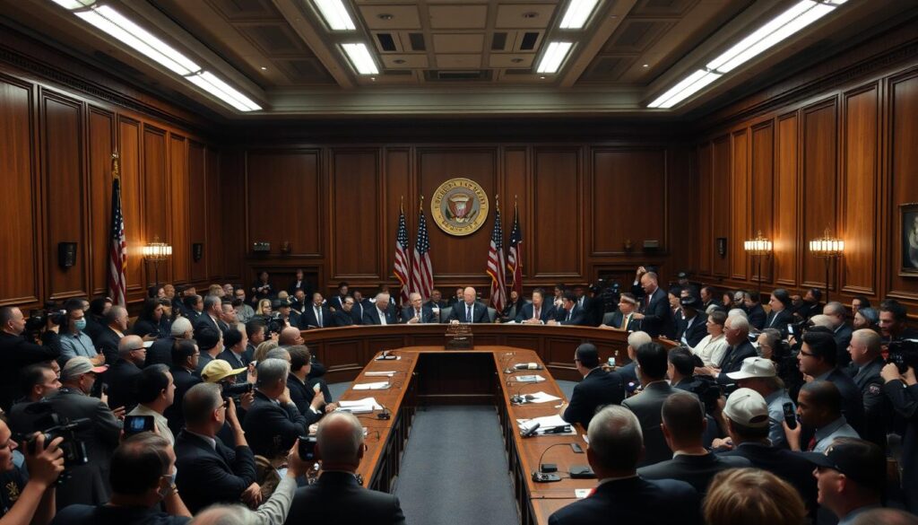 A crowded congressional hearing room, the walls lined with wooden paneling and American flags. In the center, a long table where seated officials grill a lineup of baseball players, their faces etched with tension. Flashing cameras and reporters with notepads capture the high-stakes drama. Overhead, harsh fluorescent lights cast dramatic shadows, creating an atmosphere of scrutiny and public spectacle. The players, their physiques honed by alleged performance-enhancing drugs, are the focal point, their careers and legacies now on trial before a nation transfixed by the steroid scandal rocking the national pastime.
