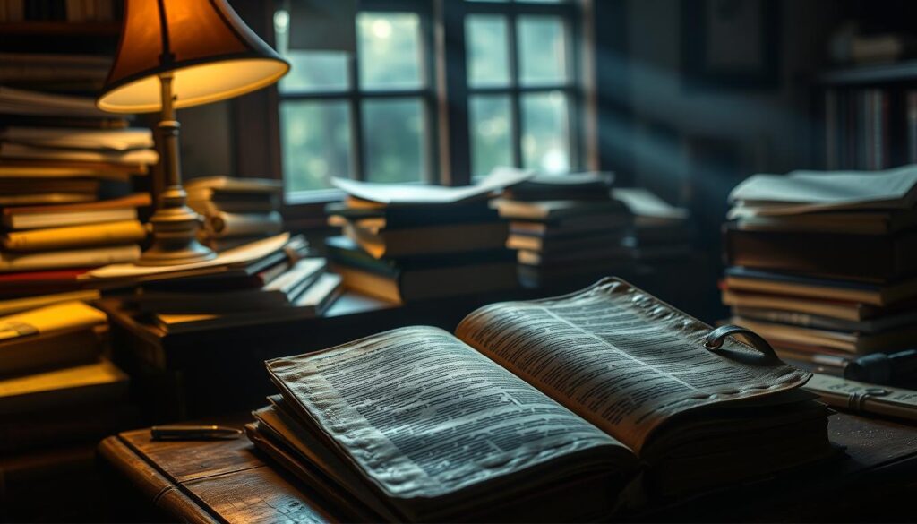 A dimly lit study, illuminated by the warm glow of a reading lamp. Atop a cluttered wooden desk, stacks of books and papers spill across the surface, hinting at the frenetic energy of baseball's wildest season. In the foreground, a weathered leather-bound journal lies open, its pages chronicling the tales of that unforgettable year - the triumphs, the tragedies, the sheer unpredictability that captivated a nation. Shadows dance across the walls, as if the very history of the game were coming alive, waiting to be immortalized through the art of literary analysis. The scene exudes a sense of scholarly dedication, a reverence for the sport's most chaotic and compelling chapter.