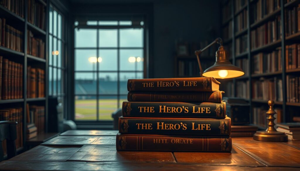 A dimly lit study, shelves of worn leather-bound books lining the walls, casting warm amber hues across a weathered wooden desk. Atop the desk, a stack of hardcover volumes with the title "The Hero's Life" emblazoned in bold gold lettering, accompanied by a vintage brass desk lamp casting a soft glow. Through a window in the background, the faint silhouette of a baseball diamond can be seen, hinting at the life and legacy of the subject. The scene conveys a thoughtful, scholarly atmosphere, inviting the viewer to explore the literary analysis within these hallowed pages.