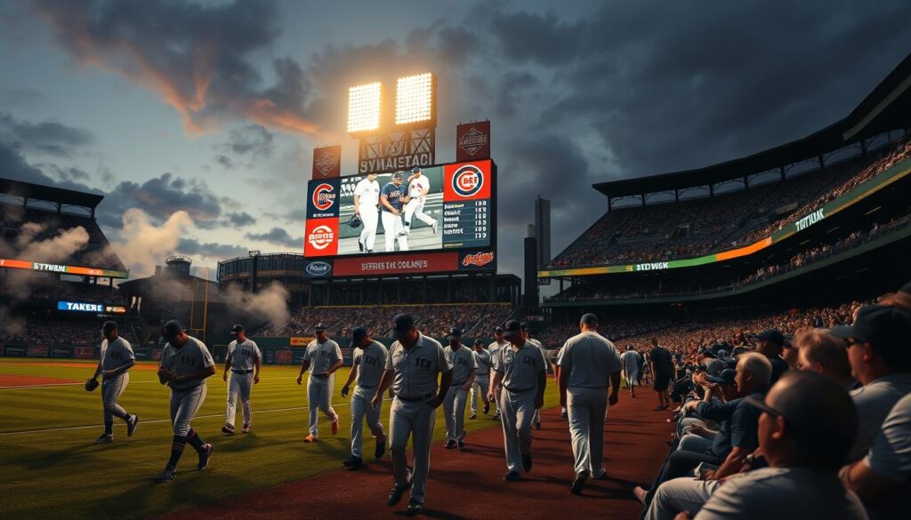 A dramatic baseball stadium at dusk, with the scoreboard displaying the crucial final moments of memorable series collapses. In the foreground, dejected players and coaches from the Mets, Red Sox, Cubs, and Indians trudge off the field, their heads bowed. Swirling clouds of emotion and tension fill the air, captured by a cinematic, wide-angle lens. The lighting is a moody mix of fading daylight and flickering stadium lights, casting long shadows and emphasizing the weight of the moment. Fans in the stands watch in stunned silence, their faces a mix of disbelief and anguish. This image encapsulates the heartbreak and drama of baseball's most indelible series collapses.