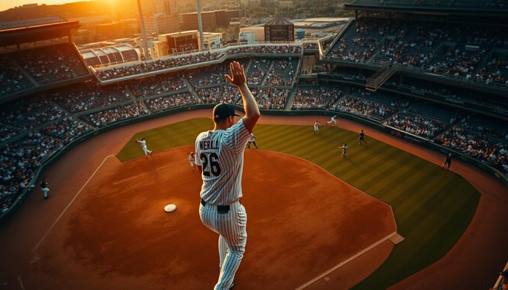 A dramatic, high-angle view of a baseball diamond at twilight. In the foreground, a player named Merkle is seen stumbling in confusion, his arm raised in dismay, as the opposing team's fielders rush to make a play. The middle ground is a blur of motion, with players converging on the base paths. In the background, a capacity crowd fills the stadium, their faces etched with a mix of shock and disbelief. The lighting is a warm, golden hue, casting long shadows and heightening the tension of the moment. The camera angle and composition emphasize the chaos and significance of Merkle's crucial mistake, a turning point in one of baseball's most infamous and consequential games.