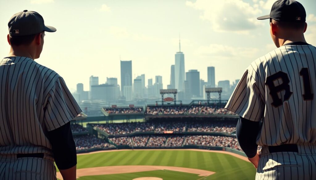 A dramatic, high-contrast scene of the iconic 1949 pennant race between the New York Yankees and Boston Red Sox. In the foreground, two rival players stand locked in intense focus, their uniforms crisply detailed. The middle ground captures the packed stadium, fans leaning forward in anticipation, the field lush and verdant. In the background, the city skyline looms, hinting at the greater significance of this historic matchup. Dramatic natural lighting casts dramatic shadows, conveying the gravity of the moment. Cinematic, widescreen composition emphasizes the grand scale of this legendary baseball showdown.