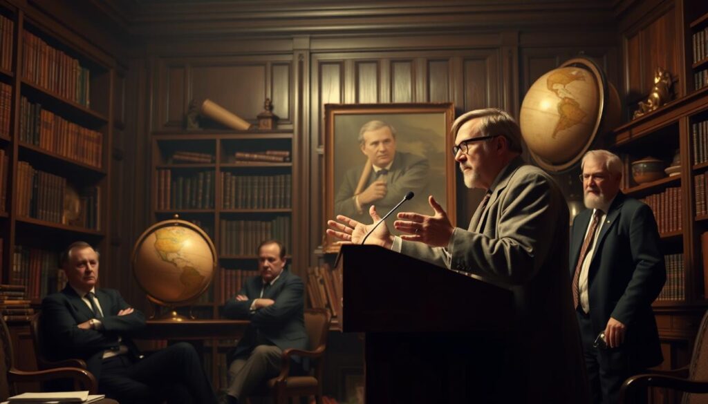 A heated historical debate unfolds in a dimly lit, wood-paneled study. In the foreground, a historian stands at a podium, gesturing emphatically as he presents his research on the life and legacy of the legendary baseball icon, Babe Ruth. Shelves of antique books and a large, ornate globe lend an air of scholarly authority to the scene. Soft, warm lighting casts dramatic shadows, creating a sense of intensity and intellectual rigor. In the background, other historians lean in, their faces alight with curiosity and animated discussion, reflecting the ongoing, passionate discourse surrounding this iconic figure and his enduring impact on the sport and American culture. A heated historical debate unfolds in a dimly lit, wood-paneled study. In the foreground, a historian stands at a podium, gesturing emphatically as he presents his research on the life and legacy of the legendary baseball icon, Babe Ruth. Shelves of antique books and a large, ornate globe lend an air of scholarly authority to the scene. Soft, warm lighting casts dramatic shadows, creating a sense of intensity and intellectual rigor. In the background, other historians lean in, their faces alight with curiosity and animated discussion, reflecting the ongoing, passionate discourse surrounding this iconic figure and his enduring impact on the sport and American culture.