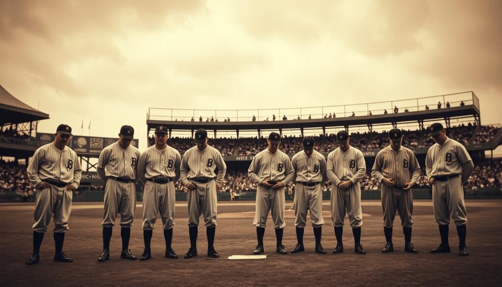 A sepia-toned scene of a baseball diamond in the early 20th century. In the foreground, eight weary-looking men in period baseball uniforms stand solemnly, their heads bowed. Behind them, the grand stands are half-filled with somber spectators. The sky is overcast, casting a gloomy, melancholic atmosphere. Dramatic low-angle lighting emphasizes the players' dejected postures, capturing the shame and betrayal of the 1919 Black Sox scandal. The camera's shallow depth of field focuses attention on the central figures, while the blurred background suggests the wider cultural impact of this pivotal moment in baseball history.