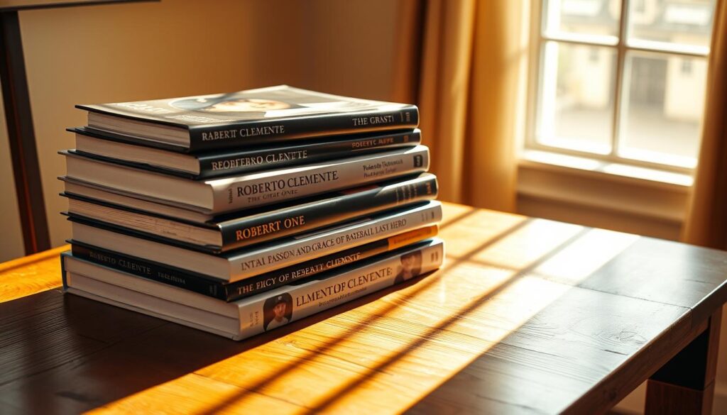 A stack of hardcover and paperback books on a wooden table, the covers featuring portraits of Roberto Clemente, the legendary baseball player and humanitarian. The books are arranged neatly, casting soft shadows on the table's surface. Warm, natural lighting from a nearby window illuminates the scene, creating a cozy, inviting atmosphere. The books' spines display titles like "Roberto Clemente: The Great One," "Clemente: The Passion and Grace of Baseball's Last Hero," and "The Legacy of Roberto Clemente." The arrangement suggests a thoughtful collection, inviting the viewer to learn more about Clemente's remarkable life and impact on and off the field. A stack of hardcover and paperback books on a wooden table, the covers featuring portraits of Roberto Clemente, the legendary baseball player and humanitarian. The books are arranged neatly, casting soft shadows on the table's surface. Warm, natural lighting from a nearby window illuminates the scene, creating a cozy, inviting atmosphere. The books' spines display titles like "Roberto Clemente: The Great One," "Clemente: The Passion and Grace of Baseball's Last Hero," and "The Legacy of Roberto Clemente." The arrangement suggests a thoughtful collection, inviting the viewer to learn more about Clemente's remarkable life and impact on and off the field.
