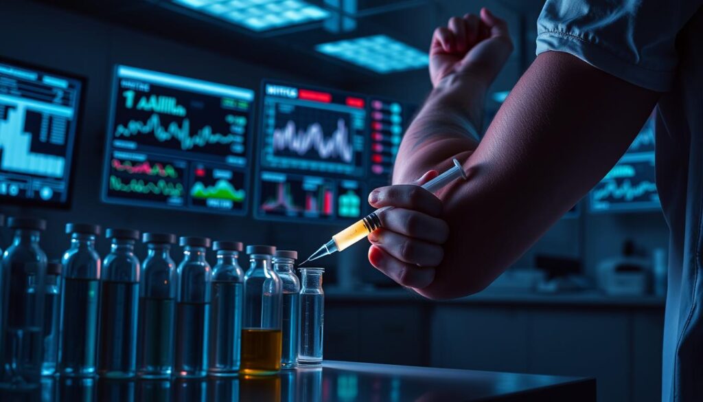 A sterile laboratory setting, clinical and precise. In the foreground, vials and syringes filled with a mysterious liquid, casting an ominous glow. The middle ground features a muscular arm, veins pulsing, as a syringe is pressed into the skin, injecting the potent substance. In the background, displays monitor vitals and performance metrics, charts and graphs showcasing the effects of the illicit drugs. Dramatic backlighting casts long shadows, creating a sense of tension and foreboding. The overall atmosphere is one of scientific inquiry, but tinged with the moral ambiguity of performance enhancement in the world of professional sports.