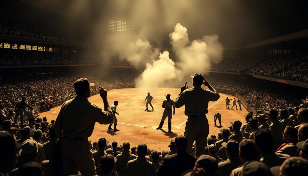 A tense, high-stakes baseball game in 1919, the stands packed with anxious fans. On the field, players in vintage uniforms square off, a cloud of suspicion hanging over the proceedings. Dramatic lighting casts long shadows, heightening the drama. The umpire's call is met with outrage, players and managers gesticulating angrily. The camera captures the heated moment, freezing a pivotal instant in a scandal that would rock the sport. Gritty, cinematic, and evocative of a bygone era, this image embodies the "Suspicious Moments" at the heart of the infamous 1919 World Series.