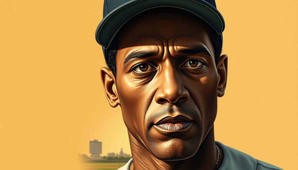 A thoughtful biographical portrait of the legendary baseball player Roberto Clemente. Set against a warm, muted background, the central focus is a detailed, realistic rendering of Clemente's face, capturing his intense gaze and the subtle lines of his weathered features. The lighting is soft and directional, highlighting the planes of his face and imbuing the scene with a sense of gravitas and introspection. In the middle ground, a baseball diamond can be seen, subtly referencing Clemente's illustrious career, while the background features a faint cityscape, hinting at his humanitarian work and legacy off the field. The overall mood is contemplative, inviting the viewer to reflect on the life and achievements of this remarkable athlete and humanitarian. A thoughtful biographical portrait of the legendary baseball player Roberto Clemente. Set against a warm, muted background, the central focus is a detailed, realistic rendering of Clemente's face, capturing his intense gaze and the subtle lines of his weathered features. The lighting is soft and directional, highlighting the planes of his face and imbuing the scene with a sense of gravitas and introspection. In the middle ground, a baseball diamond can be seen, subtly referencing Clemente's illustrious career, while the background features a faint cityscape, hinting at his humanitarian work and legacy off the field. The overall mood is contemplative, inviting the viewer to reflect on the life and achievements of this remarkable athlete and humanitarian.