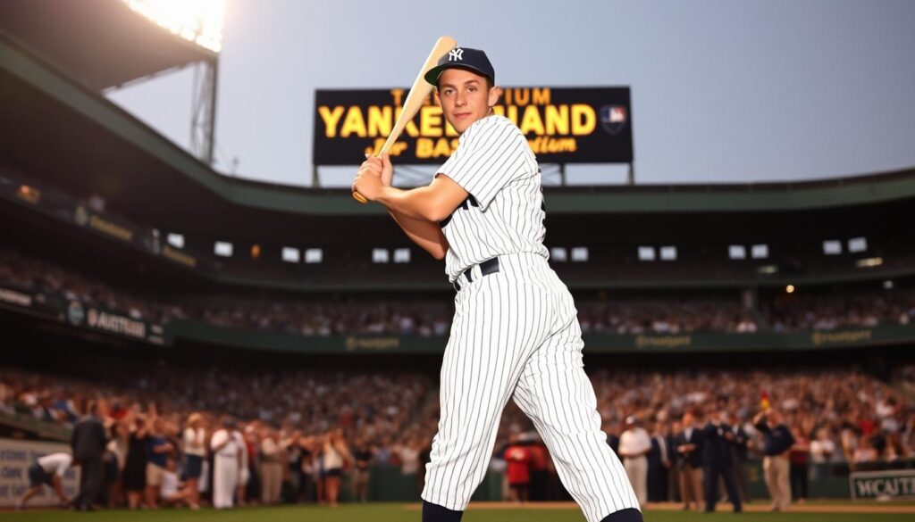 A young Joe DiMaggio, his crisp Yankees uniform gleaming under the stadium lights, steps up to the plate in his Major League debut. The crowd roars as he grips the bat, focused and determined. In the background, the iconic Yankee Stadium rises, its grand, classic architecture and scoreboard casting an air of history and greatness. The scene captures the moment a legend is born, as DiMaggio begins his journey to becoming one of baseball's all-time greats.
