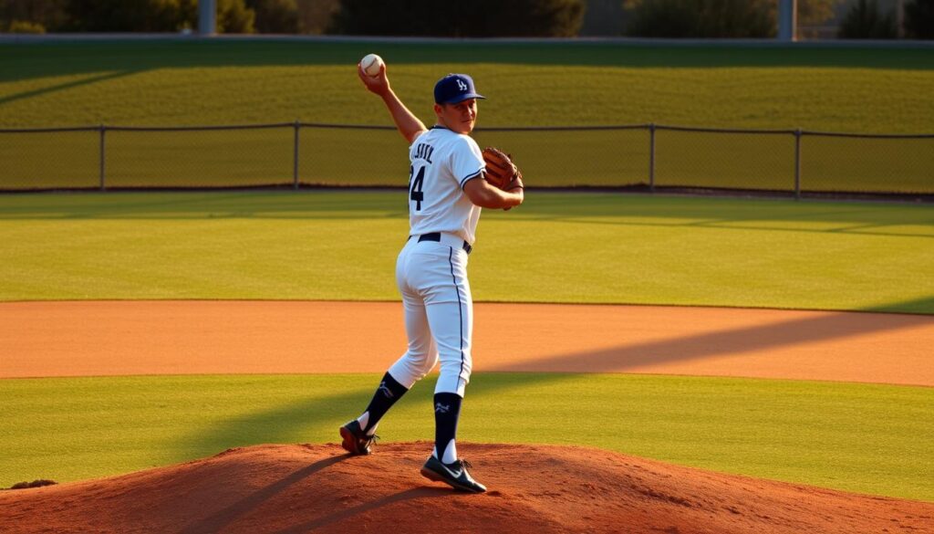 A baseball diamond bathed in golden afternoon light. On the mound, a tall, lean figure stands poised, his left arm raised high, the baseball gripped tightly in his hand. Sandy Koufax, the legendary Dodgers pitcher, is in his delivery motion - hips rotating, torso coiled, his powerful right arm about to unleash a blazing fastball. The focus and intensity on his face is palpable, a fierce concentration that reflects his mastery of the craft. The scene captures the breakout moment of Koufax's dominance, when his electrifying talent and uncompromising work ethic propelled him to the pantheon of baseball greats.