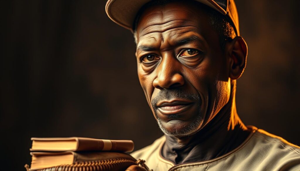 A close-up portrait of Buck O'Neil, a legendary Negro Leagues baseball player and manager, standing tall and proud, his gaze filled with determination and passion. The scene is set against a dimly lit, sepia-toned backdrop, evoking the historic era of the Negro Leagues. O'Neil's face is illuminated by warm, golden light, highlighting his weathered features and the wisdom etched in his expression. The middle ground features subtle details, such as a vintage baseball glove and a small stack of books, symbolizing his lifelong advocacy for the recognition and preservation of the Negro Leagues' legacy. The background blurs into a hazy, nostalgic atmosphere, suggesting the forgotten history that O'Neil tirelessly worked to bring to light.