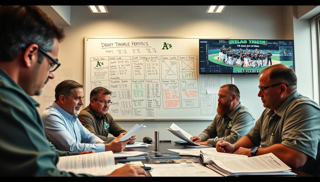 A close-up view of an Oakland Athletics player development meeting, set in a well-lit, modern office. In the foreground, team executives and scouts pore over scouting reports and prospect data, their expressions thoughtful and intent. The middle ground features a large whiteboard filled with analytics, draft strategies, and player profiles. In the background, a wall-mounted monitor displays a live feed of minor league games, providing real-time updates on the organization's pipeline of talent. The overall atmosphere conveys a sense of analytical rigor, collaborative decision-making, and a relentless pursuit of competitive advantage, reflecting the legacy of Moneyball and the Athletics' innovative approach to player development.