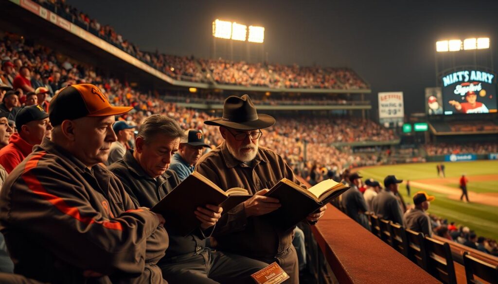 A crowded ballpark, the stands filled with disgruntled fans, their faces etched with skepticism. In the foreground, a group of old-school scouts huddled, scribbling furiously in worn leather-bound notebooks, their bodies language radiating resistance to the intrusion of analytics. The dugout, shrouded in shadows, hints at the brewing conflict between tradition and progress. Overhead, the stadium lights cast a warm, golden glow, illuminating the tension simmering beneath the surface of America's pastime. A sense of unease permeates the scene, as the game's gatekeepers grapple with the changing tides of baseball strategy.