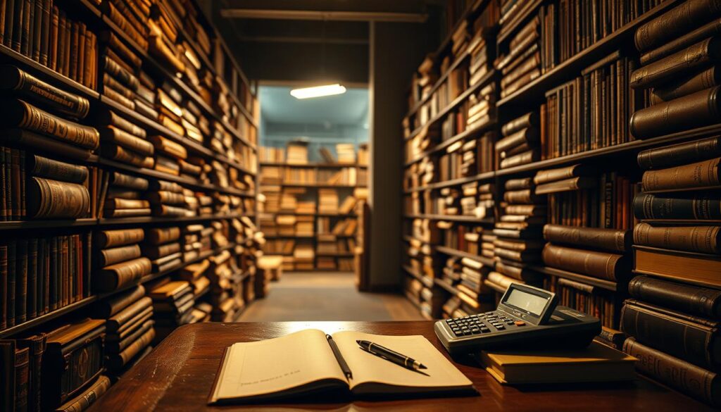 A dimly lit library interior, filled with stacks of worn leather-bound books on sabermetrics and baseball statistics. Soft, warm lighting illuminates the scene, casting an academic and contemplative atmosphere. In the foreground, a wooden desk holds an open notebook, a pen, and a vintage desktop calculator. On the shelves, titles like "The Book: Playing the Percentages in Baseball" and "Moneyball" are visible, hinting at the history and evolution of this analytical approach to the game. The background fades into shadowy corners, suggesting the depth and breadth of this intellectual pursuit.