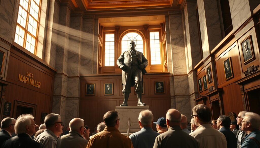 A grand and imposing marble hall, with a larger-than-life bronze statue of Marvin Miller standing tall, his brow furrowed in determination. Sunlight streams through towering windows, casting a warm glow on the elegant, wood-paneled walls adorned with plaques and portraits. In the foreground, a group of baseball fans and historians gathers, debating the significance of Miller's legacy, their expressions a mix of reverence and contention. The atmosphere is one of solemn contemplation, as the viewer is drawn into the ongoing discourse surrounding Miller's place in the pantheon of baseball's most influential figures.