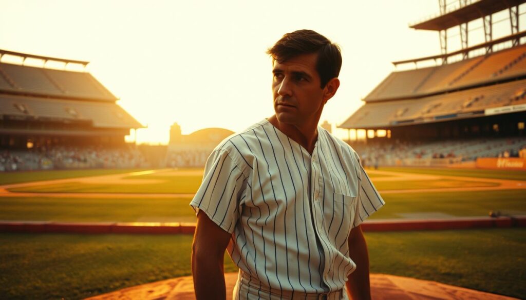 A pensive Sandy Koufax, his brow furrowed, stands on a mound against a backdrop of an empty baseball diamond. Warm, golden light bathes the scene, conveying the solemnity and gravity of the moment as he contemplates his decision to not pitch on Yom Kippur. The camera angle is slightly low, emphasizing Koufax's towering presence and the weight of his choice. The stadium seating is empty, save for a few scattered fans, reflecting the solemn, reflective mood. The image captures the quiet strength and conviction of Koufax, a true icon of integrity in sports.