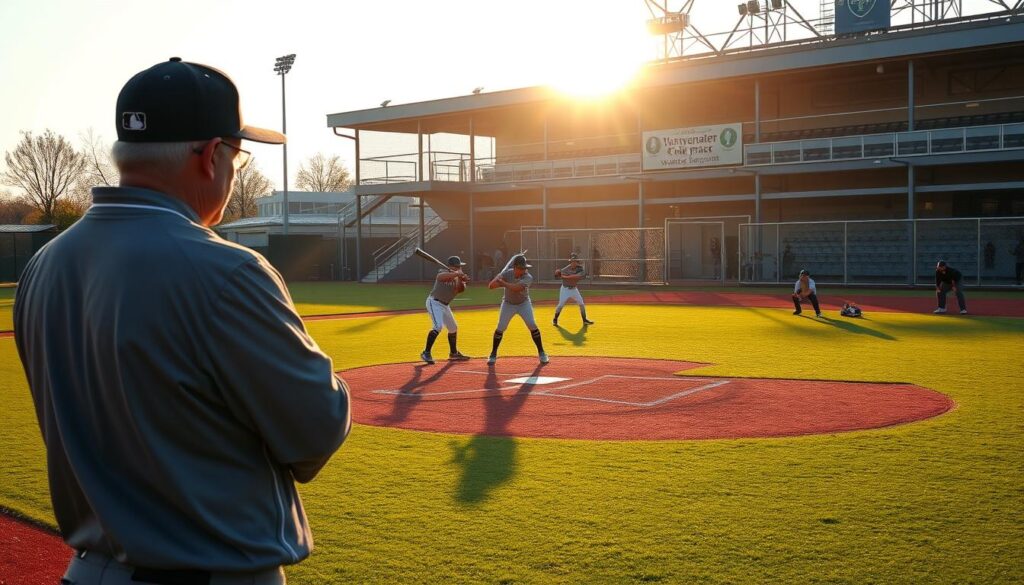 A serene baseball diamond under a soft golden-hour glow. In the foreground, a coach intently observing a group of young players engaged in batting practice, their swings and form the focus of their development. In the middle ground, a hitting and pitching clinic is underway, with players honing their skills under the watchful eye of veteran mentors. The background features a practice facility with state-of-the-art training equipment, evoking the meticulous attention to player development in the minor leagues. The scene conveys a sense of dedication, collaboration, and the nurturing of emerging talent, essential elements of the "Only Rule Is It Has to Work" philosophy.