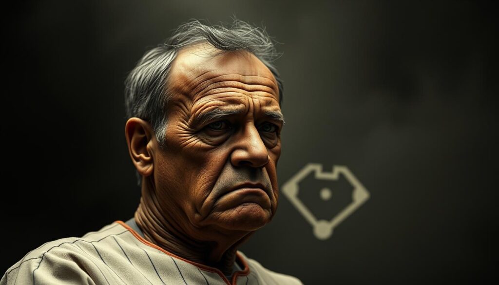 A somber and contemplative portrait of baseball legend Ty Cobb set against a dimly lit background. In the foreground, Cobb's weathered face bears an expression of resigned acknowledgment, hinting at the controversial aspects of his legacy. The midground features a stylized representation of a baseball diamond, symbolic of the sport he dominated yet also tainted by his well-documented racist behavior. The background is shrouded in a hazy, melancholic atmosphere, evoking the complex and often uncomfortable reckoning with Cobb's complicated place in baseball history. The overall composition conveys a sense of introspection and the weight of historical scrutiny.
