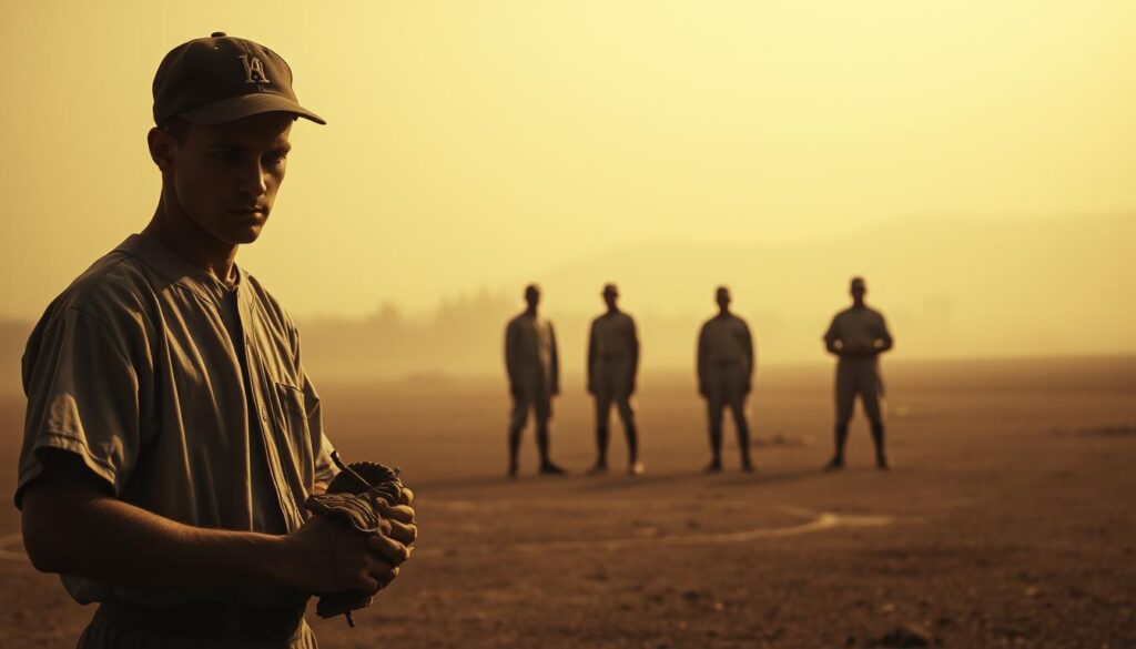 A somber, sepia-toned scene of forgotten baseball players, their faces obscured by shadows, standing alone on a dimly lit field. In the foreground, a lone player clutches a well-worn glove, his eyes downcast, while in the middle ground, a small group of players stand silently, their presence almost ghostly. The background fades into a hazy, dreamlike horizon, evoking a sense of melancholy and the passage of time. The lighting is soft and directional, casting a warm glow that highlights the players' weathered features, conveying a sense of resilience and the weight of their unsung legacies. The overall tone is one of reverence and quiet contemplation, inviting the viewer to reflect on the importance of preserving and celebrating the stories of those who have been forgotten by history.