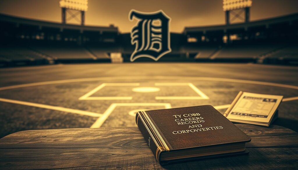 A vintage sepia-toned baseball diamond, the infield marked with chalk lines and home plate prominently displayed. In the foreground, a well-worn hardcover book with "Ty Cobb: Career Records and Controversies" embossed on the cover, resting on a weathered wooden table. Behind it, a collection of historical baseball statistics and scorecards, neatly arranged, conveying the sense of a meticulous record-keeper. In the background, the iconic tiger logo of the Detroit Tigers shines through a hazy, nostalgic filter, evoking the team's storied legacy. Soft, directional lighting casts dramatic shadows, lending an air of gravitas to the scene.