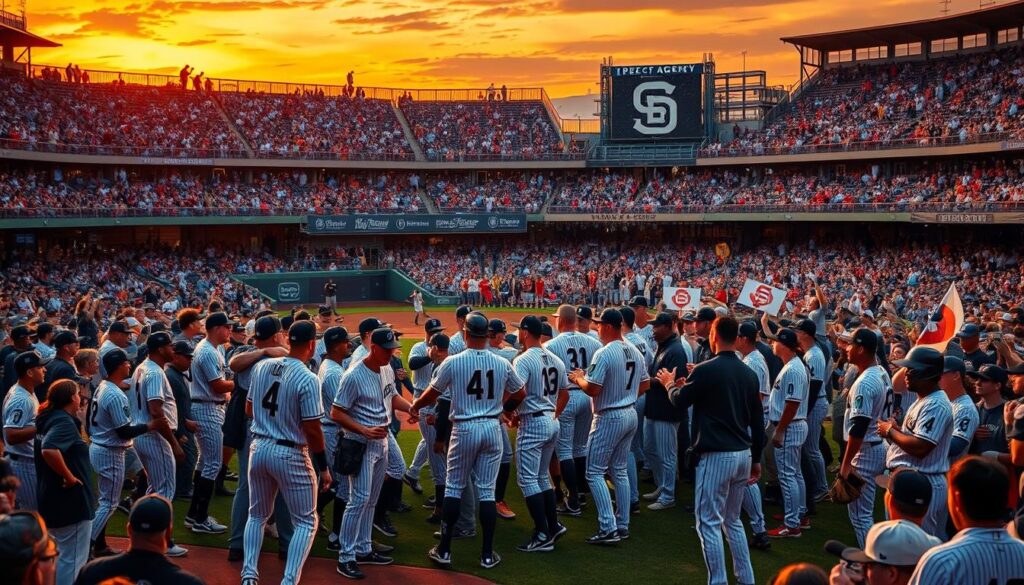 a baseball stadium at sunset, a crowd of baseball players and fans gathered on the field, the players are shaking hands and embracing, a sense of celebration and revolution in the air, the stadium is illuminated by warm, golden lighting, the players are wearing modern uniforms and equipment, the crowd is cheering and waving signs, the scene conveys the historic moment when free agency transformed the power dynamics in professional baseball