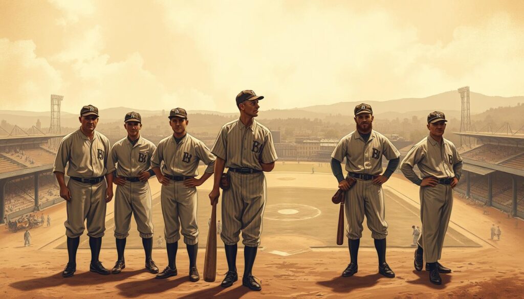 a detailed, photorealistic illustration of "unsung baseball heroes" in a vintage sepia-toned style, featuring a group of men in classic baseball uniforms and equipment from the early to mid-20th century standing in the foreground, with a baseball diamond and stadium in the middle ground, and a cityscape or small-town setting in the background, all bathed in warm, soft lighting and a nostalgic, timeless atmosphere, conveying the perseverance, dedication, and lasting legacy of the lesser-known pioneers and trailblazers of the game a detailed, photorealistic illustration of "unsung baseball heroes" in a vintage sepia-toned style, featuring a group of men in classic baseball uniforms and equipment from the early to mid-20th century standing in the foreground, with a baseball diamond and stadium in the middle ground, and a cityscape or small-town setting in the background, all bathed in warm, soft lighting and a nostalgic, timeless atmosphere, conveying the perseverance, dedication, and lasting legacy of the lesser-known pioneers and trailblazers of the game