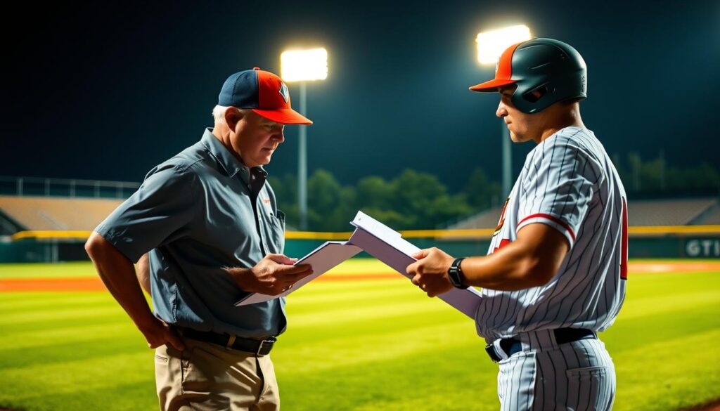 A baseball scout meticulously examines a player, clipboard in hand, observing their throwing motion, batting stance, and field awareness with a discerning eye. In the background, a lush, verdant baseball diamond stretches out, surrounded by towering stadium lights casting a warm, golden glow. The scout's intense focus and the player's determined expression capture the high-stakes nature of this scouting evaluation process, a crucial step in shaping the future of the sport.